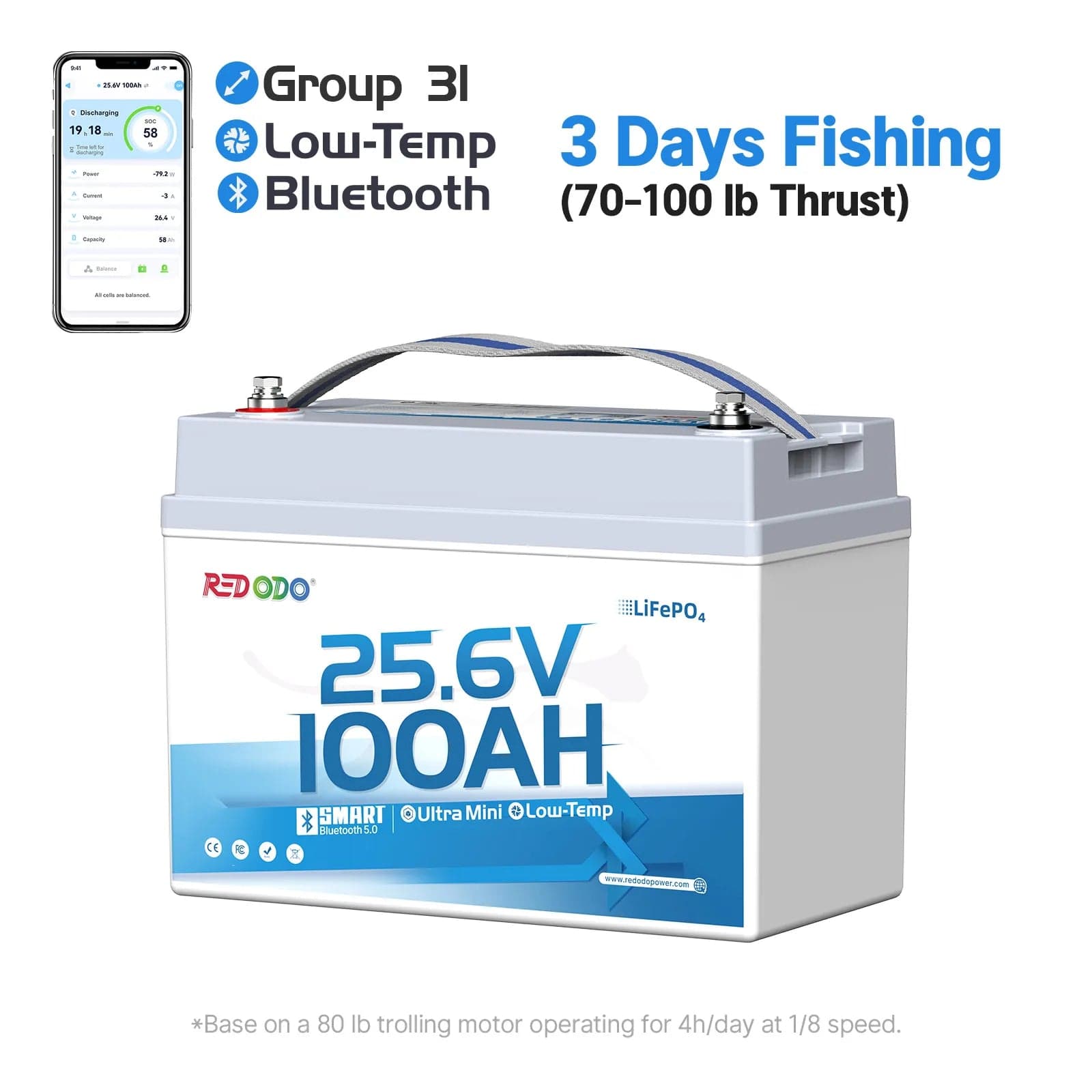 Redodo LiFePO4 24V 100Ah Battery with Bluetooth | 2.56kWh & 2.56kW